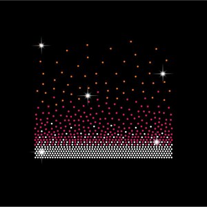 May include: A black background with a design of small, sparkling dots. The dots transition from orange at the top, through pink, to white at the bottom. Several bright starbursts are scattered throughout the design.