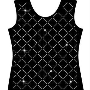 May include: A black sleeveless top with a scoop neckline. The top is covered in a diamond pattern made of small white dots. Several of the dots have a sparkling effect, adding a touch of glamour to the design.