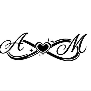 May include: Black and white graphic design featuring the letters "A" and "M" intertwined with an infinity symbol and a heart. The design includes star accents, creating a romantic and elegant aesthetic.