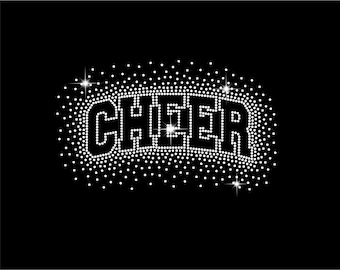 May include: Black background with the word "CHEER" spelled out in white rhinestones. The word is outlined with rhinestones and surrounded by a scattering of smaller rhinestones, creating a sparkling effect.