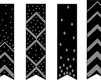 May include: Four black and white patterned ribbon bookmarks with a pointed tip. The patterns include a chevron, a diamond, a polka dot, and a simple dot pattern.