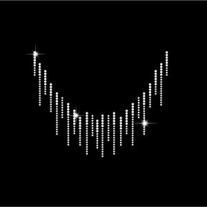 May include: A sparkling, white rhinestone design in a curved, smile-like shape against a black background. The design features multiple vertical lines of small, round rhinestones, with star-like accents.