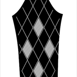 Puede incluir: Una manga de tela negra con un patrón de rombos blanco creado con pequeños puntos. El diseño consiste en líneas diagonales que se cruzan formando rombos, algunos de los cuales están rellenos con un patrón denso de puntos blancos sobre el negro.