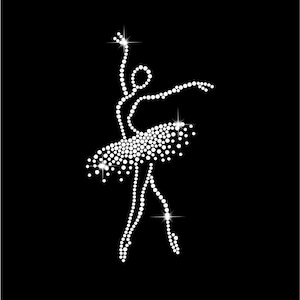 May include: A sparkling white rhinestone ballerina design on a black background. The dancer is depicted in a graceful pose, with arms raised and a tutu. The design is made of many small, round rhinestones.