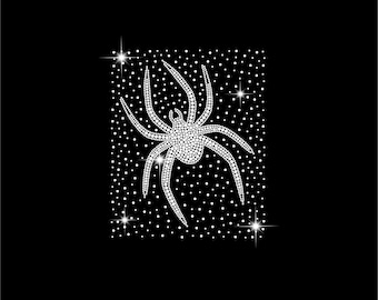 May include: A sparkling spider design, created with numerous small, white, reflective dots, set against a black background. The spider has eight legs and a rounded body, with a few starbursts around the image.