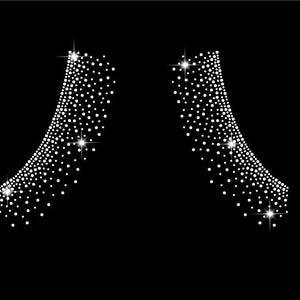 May include: Two curved, abstract designs composed of white, sparkling dots on a black background. The dots vary in size, creating a gradient effect. Each design has three prominent, star-like highlights.