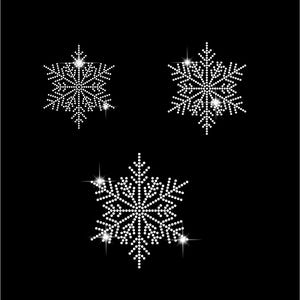 May include: Three white snowflake designs on a black background. Each snowflake is made up of small, evenly spaced dots, with a starburst effect from the centre and tips of the snowflake.