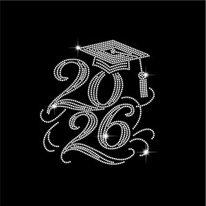 May include: A sparkling white graduation cap and the year 2026, created with small, glittering dots, are set against a black background. The design includes decorative swirls and starburst accents, perfect for graduation celebrations.