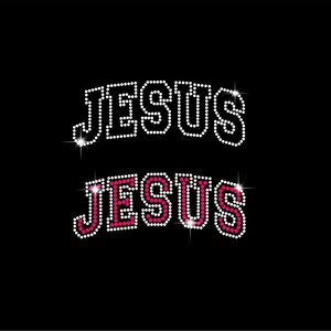 May include: Two instances of the word "JESUS" in a sparkling rhinestone design on a black background. The top word is outlined in white rhinestones, while the bottom word is outlined in pink rhinestones.