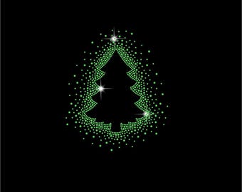 May include: A Christmas tree design in green, composed of small dots, against a black background. The tree shape is outlined with a border of green dots, and the tree itself is a solid black silhouette. Three bright star-shaped sparkles are inside the tree.