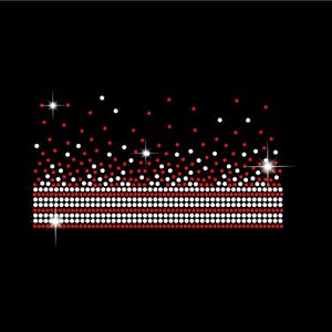 May include: A rectangular design on a black background, featuring a pattern of red and white dots. The dots are arranged in rows and columns, with a sparkling effect. The design has a decorative, abstract theme.