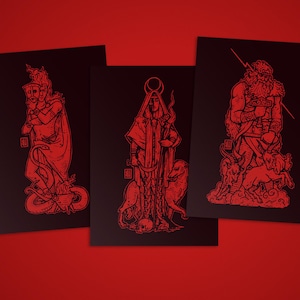 Set de cartas místicas VII. - 3 tarjetas de arte en formato postal A6 sobre cartón mate de 300 g ('Loki', 'Hel', 'Donar')