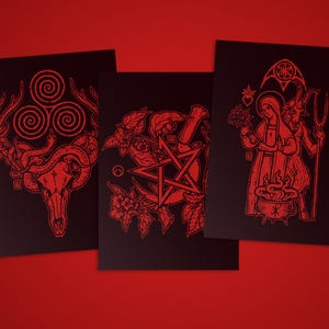 Mystic Card Set V. - 3 art cards in A6 postcard format on matt 300g cardboard ('The Antlered Crown', 'Herb Sickle', 'Folkloric Heretic')