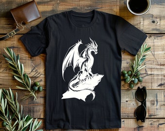 Dragon T Shirt - Fantasy  Dragon Perch T Shirt Black and White - Vector fantasy dragon design - For dragon lovers - Majestic Perched Drake -