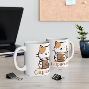 Catpuccino Coffee Mug, Chibi Anime Cat Cup, Cute Kitty Tea Cup, Ceramic Coffee Cups, 11oz, 15oz, Cat Lover Gift, Kitty Cat Mug