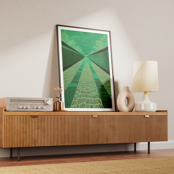 Metro Subway Corridor Hallway Jade Teal Tunnels Portrait Painting Printable | Mid-Century Modern Wall Art | Digital Download | No. 68