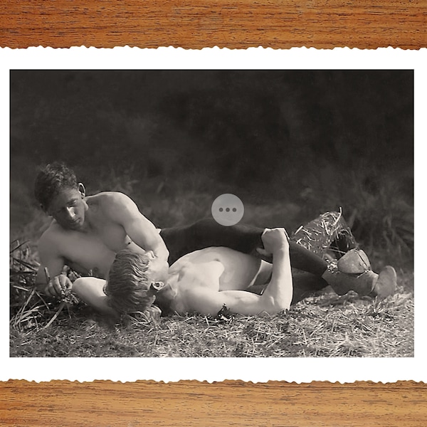 Vintage Male Nude Art Photo Print - Two Handsome Men Rolling in the Hay - Erotic Vintage Photography - Naked Male Figure - Gay Wall Decor