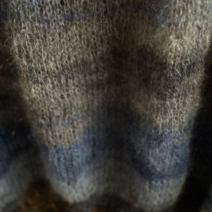 May include: Close-up of a blue and grey fuzzy knit fabric with a textured pattern.