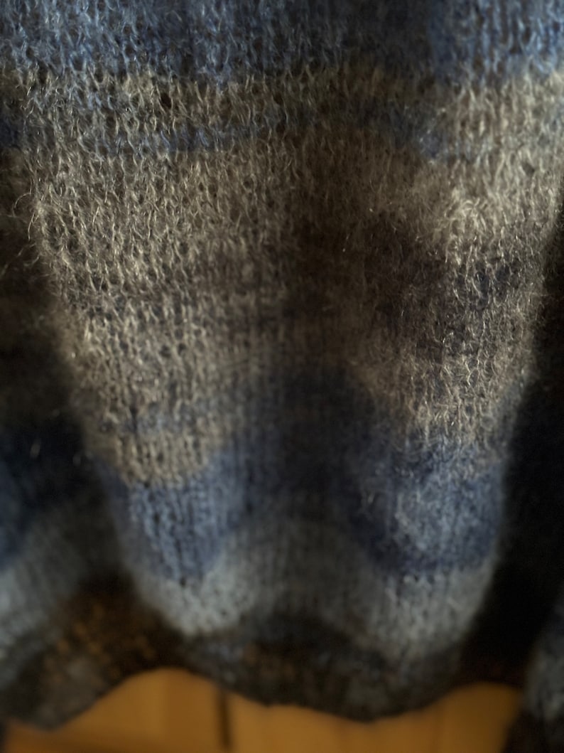 May include: Close-up of a blue and grey fuzzy knit fabric with a textured pattern.