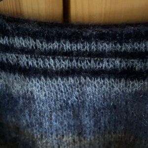 May include: Close-up of a blue and grey knitted jumper with a textured pattern. The jumper has a ribbed neckline.