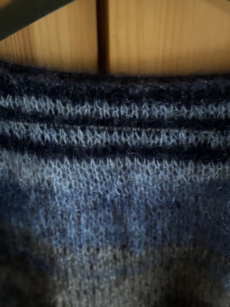 May include: Close-up of a blue and grey knitted jumper with a textured pattern. The jumper has a ribbed neckline.