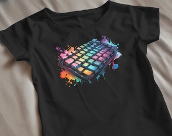 Gaming Keyboard T-Shirt | Printed Watercolor Design | Color Keycaps | Girlfried and Boyfriend Gift | Unisex - Men's & Women's Tee | UK Brand