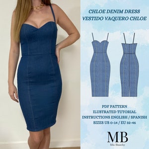 Padrão de vestido de cowboy/padrão de vestido jeans/tamanho 32-46/padrão pdf/padrão de costura/carta, A4, A0/Tamanho 2-14/padrão/padrão de costura
