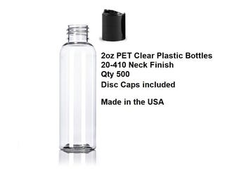 2oz Clear PET Plastic Bottles, Black Disc Top Caps, Bulk 500 Refillable Containers