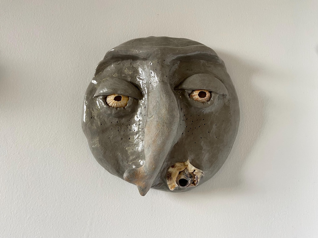 Handmade Clay Face Wall Hanging With Seashells – Unique Pottery Art ...