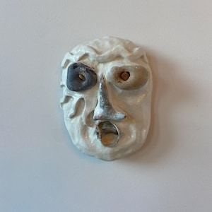 No.21 /// Clay Face Wall Decor Art Wall Hanging Handmade Unique Home Interiors Pottery Art Sculpture Seashell Natural One of a Kind