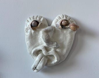 Textured Ceramic Face Wall Art, Coastal Boho Wall Hanging, Handmade Clay Sculpture Decor /// 0017