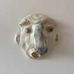 No.1 /// Clay Face Wall Decor Art Wall Hanging Handmade Unique Home Interiors Pottery Art Sculpture Seashell Natural One of a Kind
