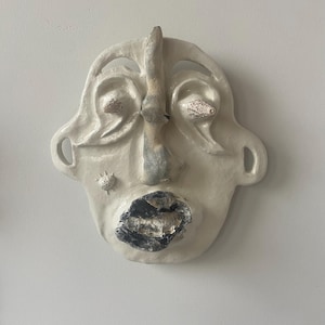 No.18 /// Clay Face Wall Decor Art Wall Hanging Handmade Unique Home Interiors Pottery Art Sculpture Seashell Natural One of a Kind