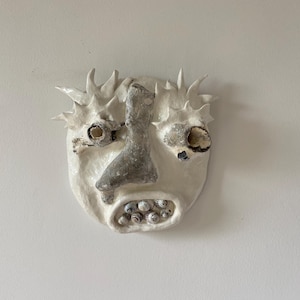 No.6 /// Clay Face Wall Decor Art Wall Hanging Handmade Unique Home Interiors Pottery Art Sculpture Seashell Natural One of a Kind