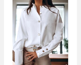 Button Up Women Blouse White Long Sleeve Casual Woman Shirt  Stand Collar Lady Tops Black Loose Shirts Blusas