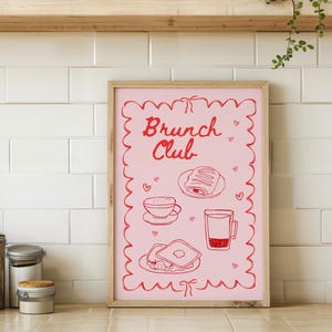 Ambiente de desayuno ilustrado: Póster de club de brunch en rosa, póster digital, impresión de cocina, arte mural de cocina, impresión de diseño gráfico, impresión digital