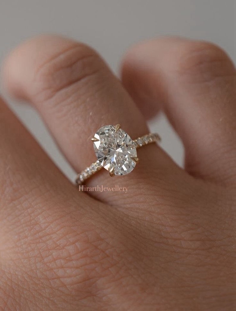 3 CT Oval Cut Moissanite Engagement Ring, Solid Gold Hidden Halo Ring ...