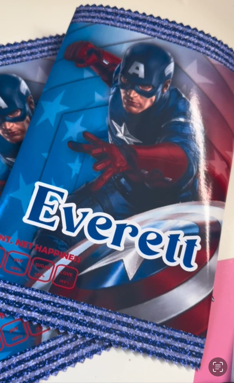 May include: A blue and red Captain America character is featured on a blue and white background with stars. The name Everett is written in blue letters on the bottom of the image. The image has a blue and white border.