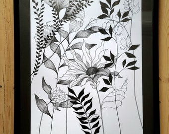 Dessin de fleurs botaniques en noir et blanc n°2