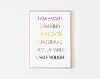 Affirmations for Kids Digital Poster Classroom Print Nursery Decor Toddler Wall Art I Am Smart