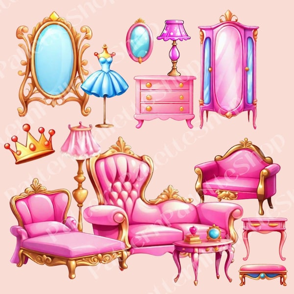 Girly Furniture Clip Art Home Decoration Icons Cute Wardrobe and Bed Graphics Princess Makeup Table and Dresser Graphics Dream Room Clip Art