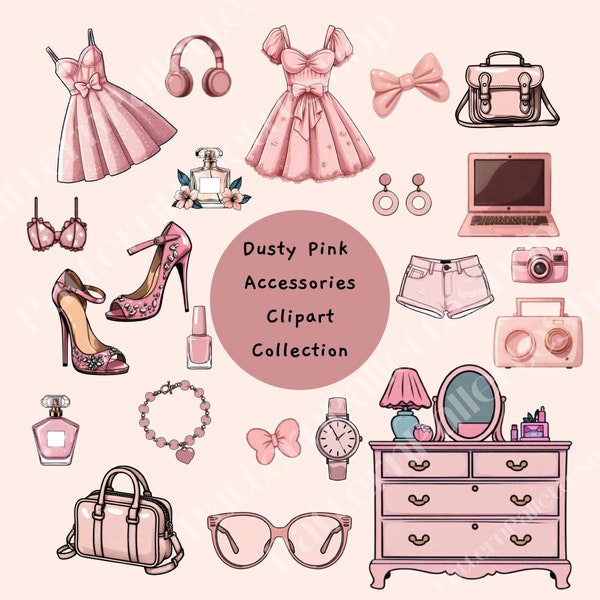 Girly Accessories Clip Art Set  Cute Bags Icons Romantic Dresses Clip Art Elegant Jewelry High Heels Shoes Icons Aesthetic Girl Clip Art