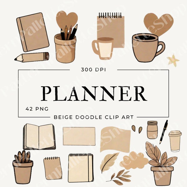 Beige Planner Doodle Clip Art Collection Cute Planner Icons for Project and Crafts Cute Cartoon Icons Neutral Color Planner Clip Art