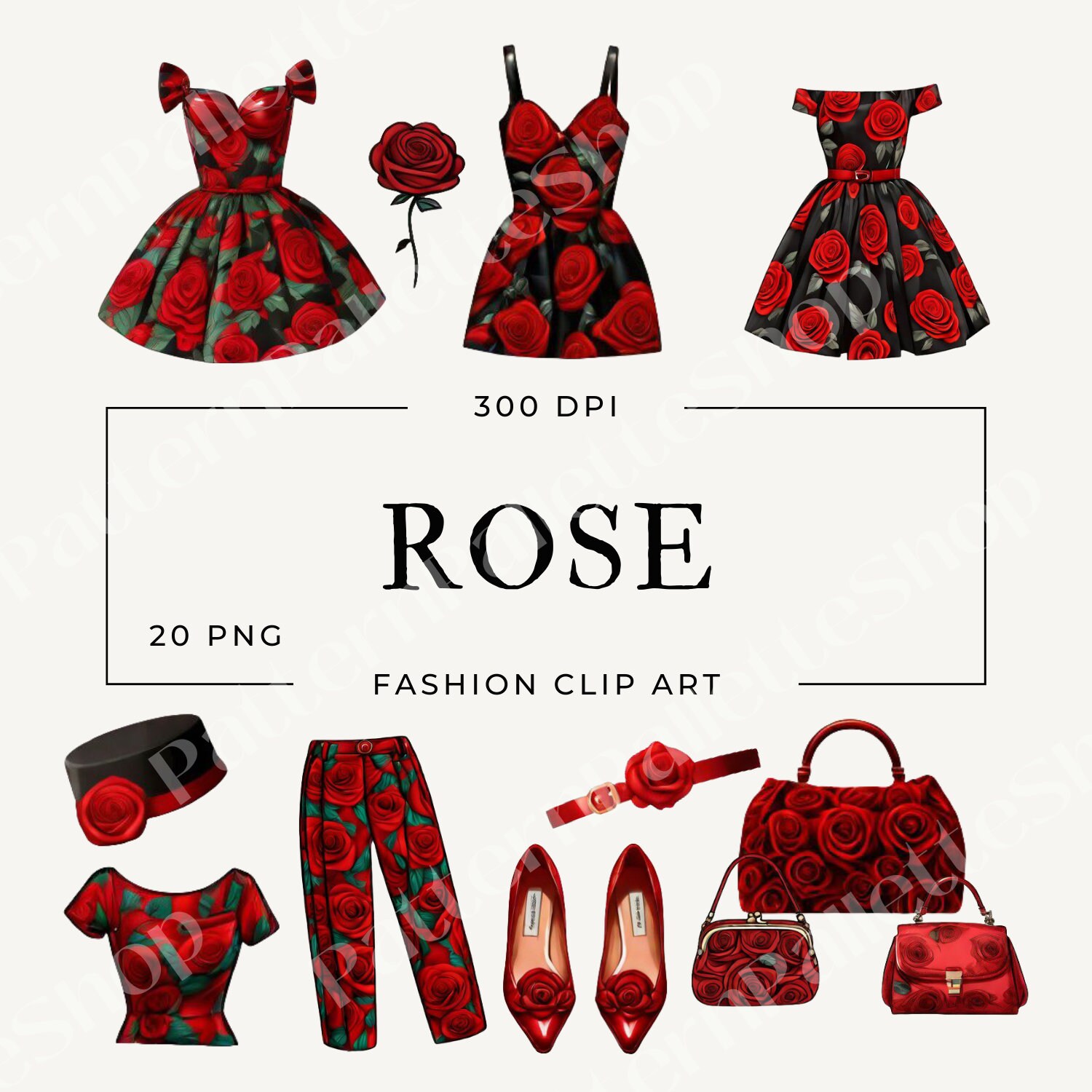 Rose Clothes Clip Art Rose Pattern Icons Red Dress and Shoes Graphics