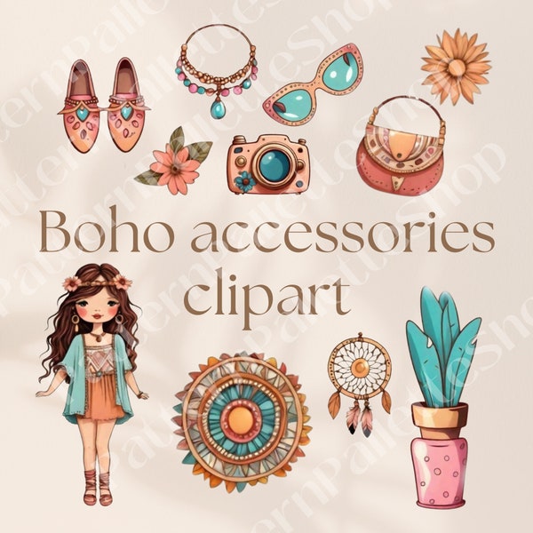 Boho Accessories Clip Art Bohemian Shoes and Plants Icons Dreamcatcher Graphics of Bags Butterfly and Jewelry Boho Decorations Clip Art