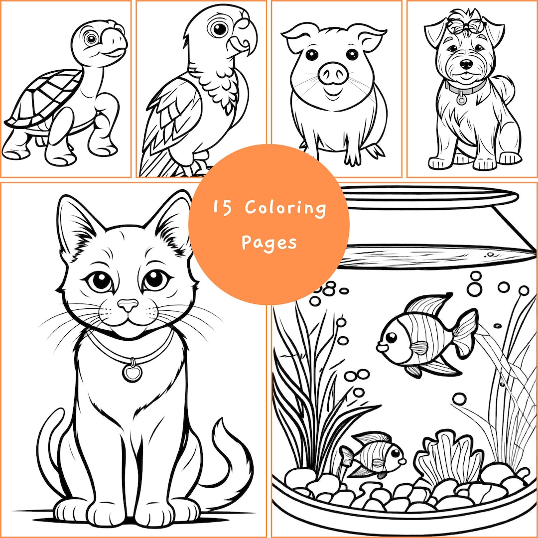 Domestic Animals Coloring Pages Dog Cat Mouse Spider Parrot Turtle Fish ...