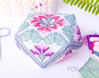 Carnations Biscornu Cross Stitch Pattern: Spring Needlepoint (PDF Pattern)