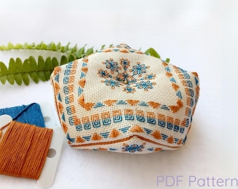 Biscornu Embroidery Pattern: Teal & Copper Back Stitch (PDF Download)