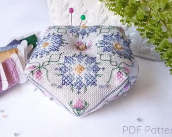 Biscornu Cross stitch pattern and Instructions for Winter Flowers design. Charts and directions to make your own. Modern embroidery.
