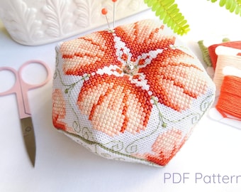 Kalanchoe Biscornu Cross Stitch Pattern: Floral Pincushion (PDF needlework charts and instructions)